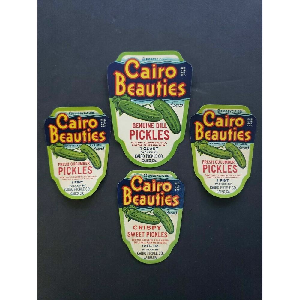 1936 Cairo Beauties 3 Crispy Sweet & 1 Genuine Dill Pickle Labels Lot of 4 DC1